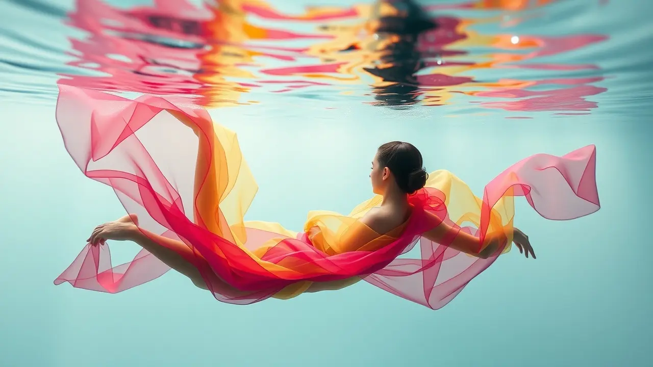 Mulher nadando com tecido de licra colorido