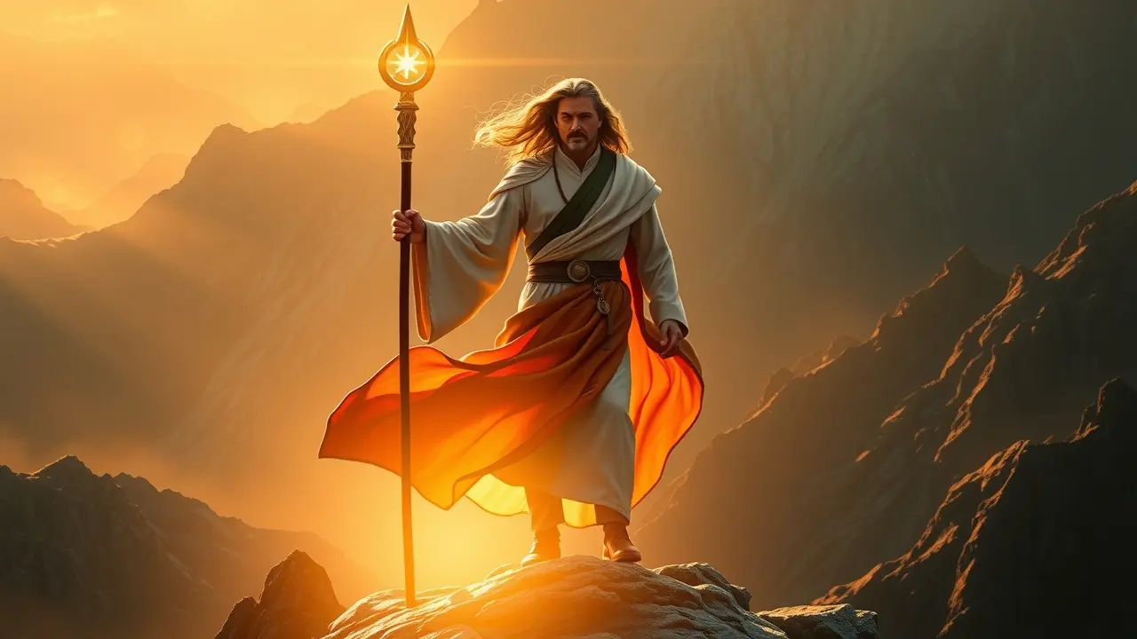 Sonhar com Liderança: Decifre os Significados e Implicações Pessoa no topo da montanha com bastão brilhante representando liderança