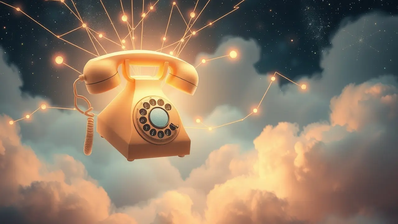Telefone vintage flutuando em galáxia onírica.