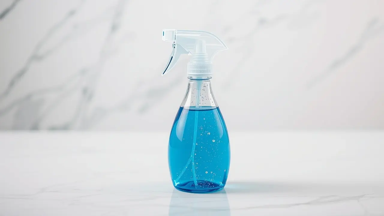 Sonhar com Limpador: Descubra os Significados e Interpretações! Frasco de limpador azul brilhante sobre mármore branco