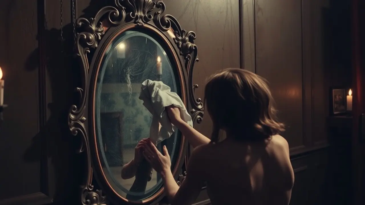 Significado de Sonhar com Limpar: Descubra as Mensagens Ocultas Pessoa limpando espelho empoeirado com reflexo distorcido
