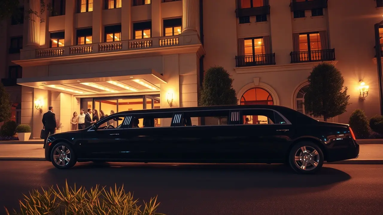 Limusine preta em frente a hotel luxuoso