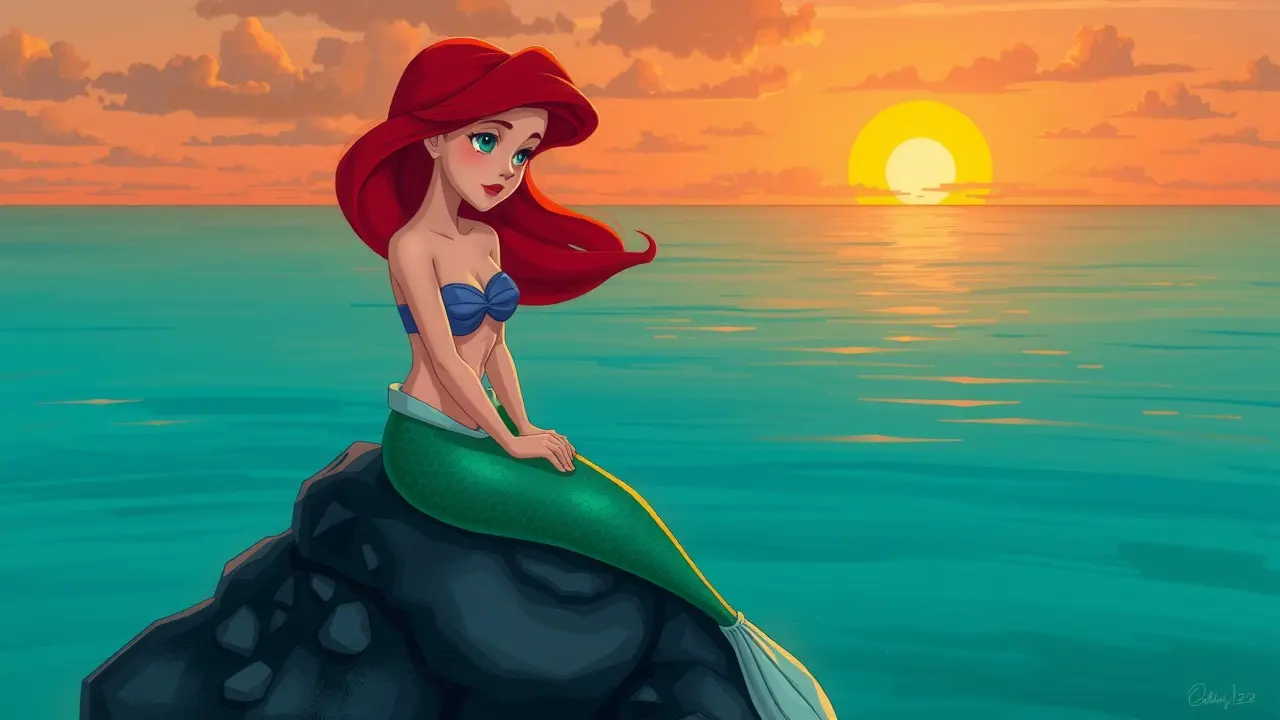 Pequena Sereia sonhadora ao pôr do sol