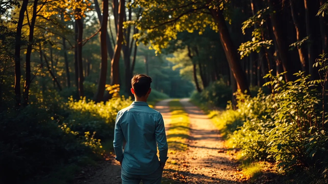 O Significado Profundo de Sonhar com Livre-Arbítrio Pessoa em encruzilhada na floresta, simbolizando livre-arbítrio