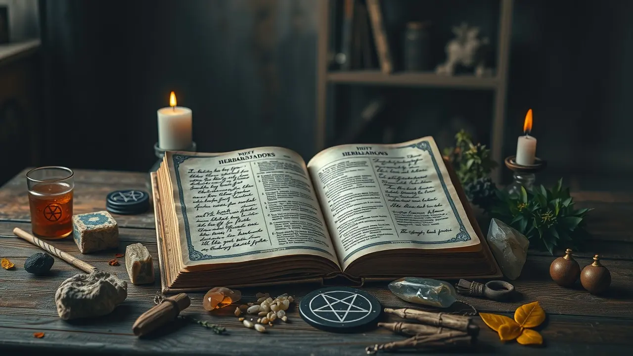 Livro das Sombras antigo aberto sobre mesa de madeira com velas e cristais.