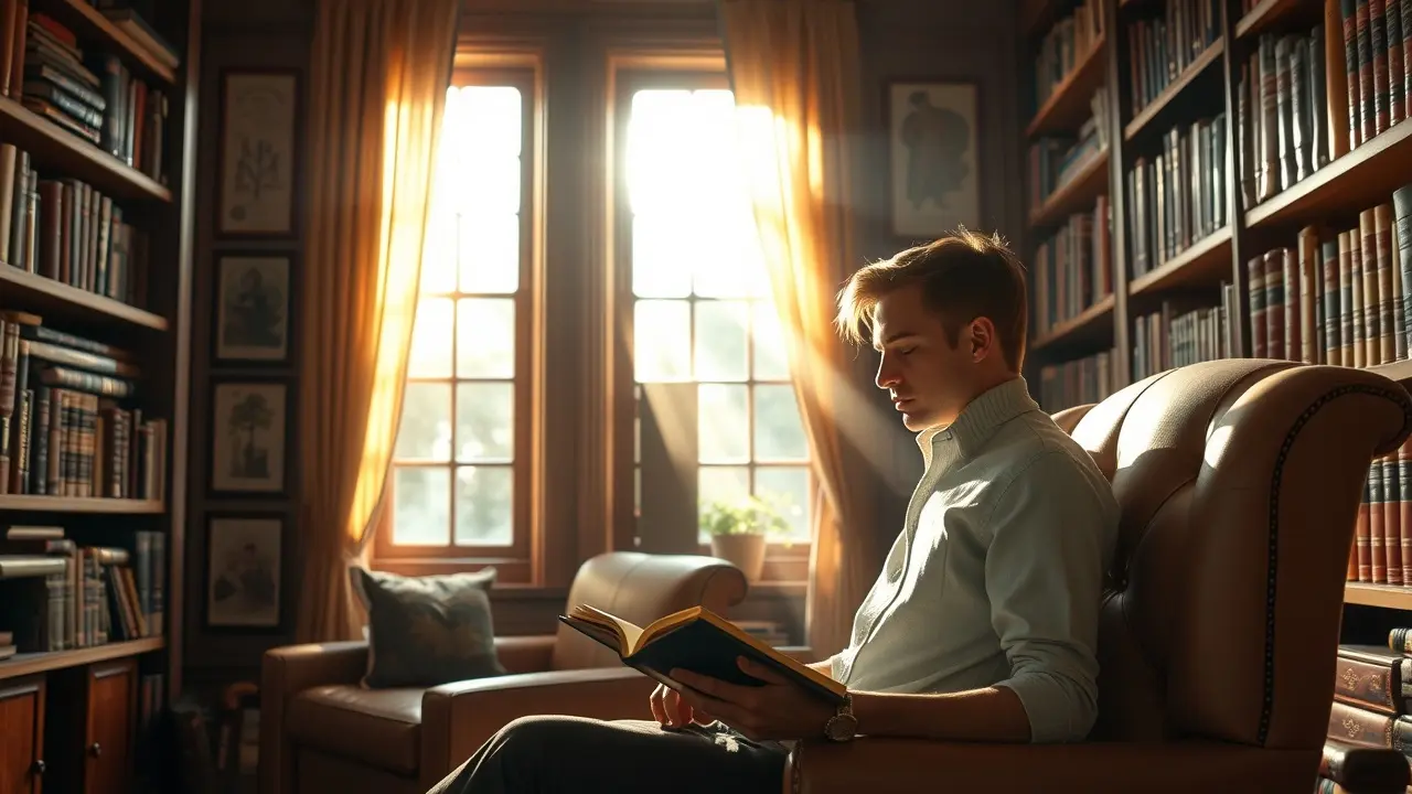 Pessoa lendo livro em biblioteca iluminada.