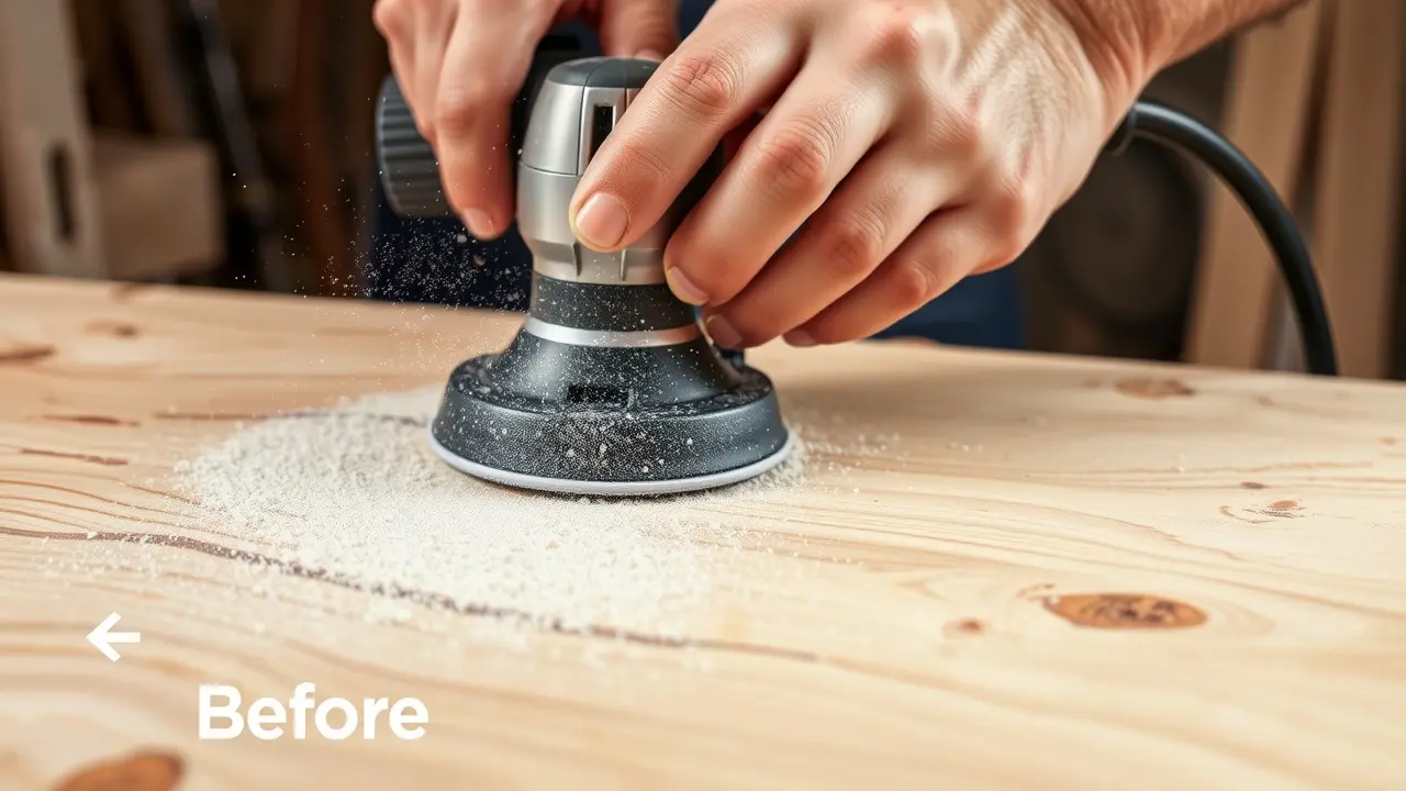 Homem lixando madeira com lixadeira.