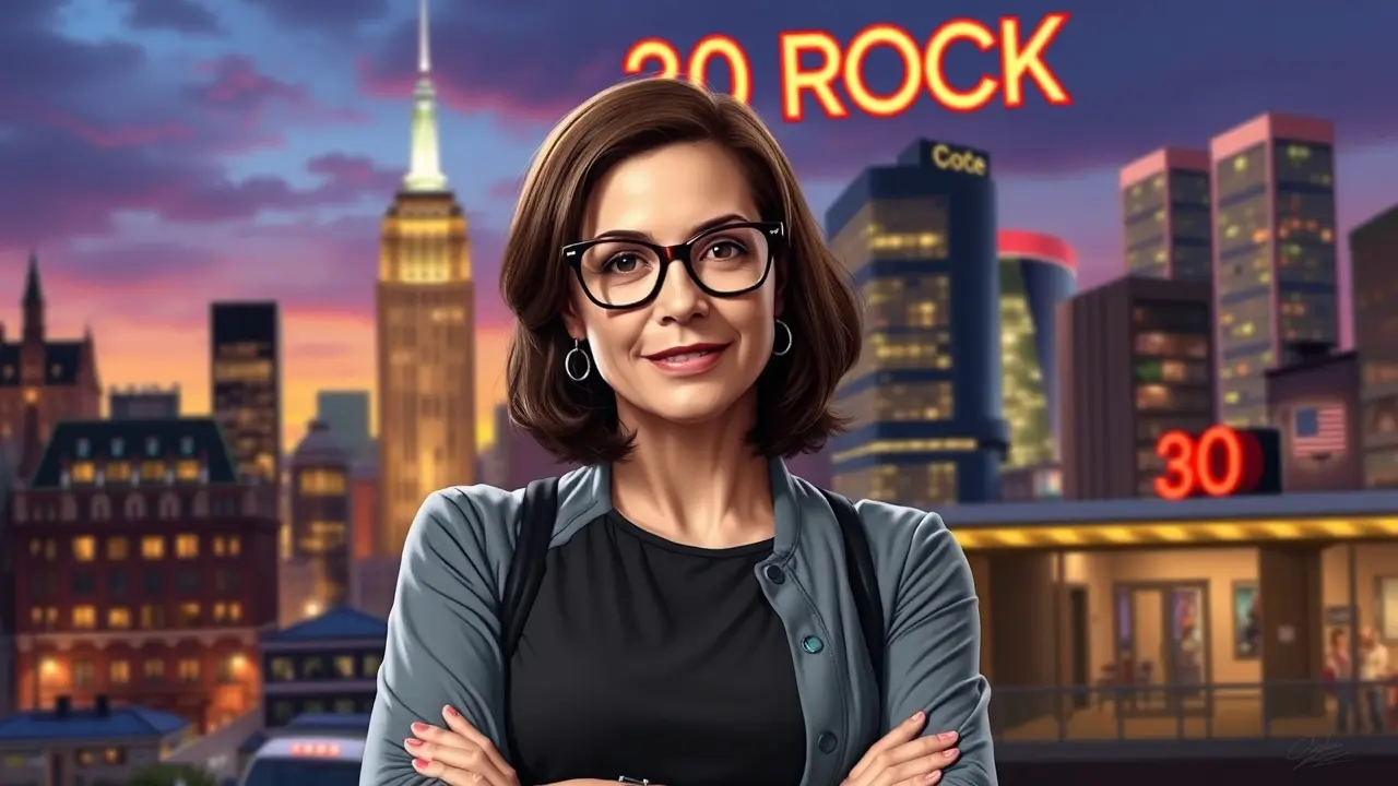 Liz Lemon sorrindo em frente ao estúdio 30 Rock