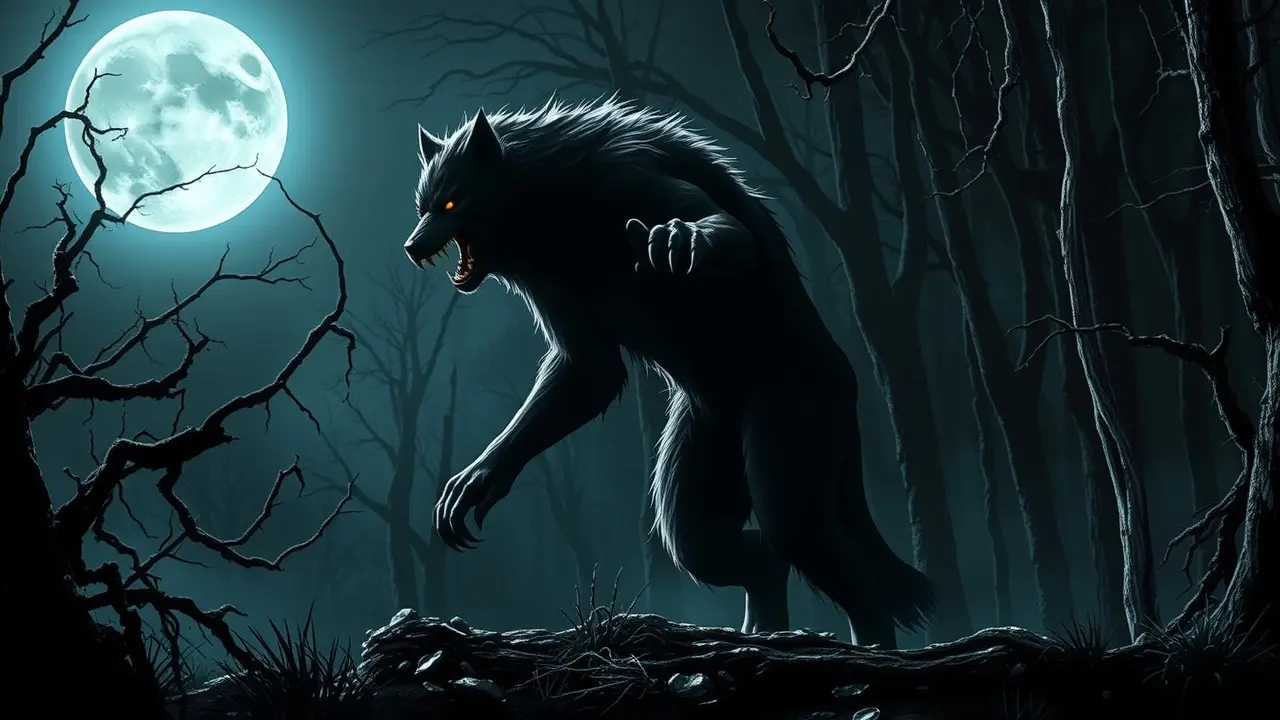 Lobisomem imponente sob a luz da lua cheia.
