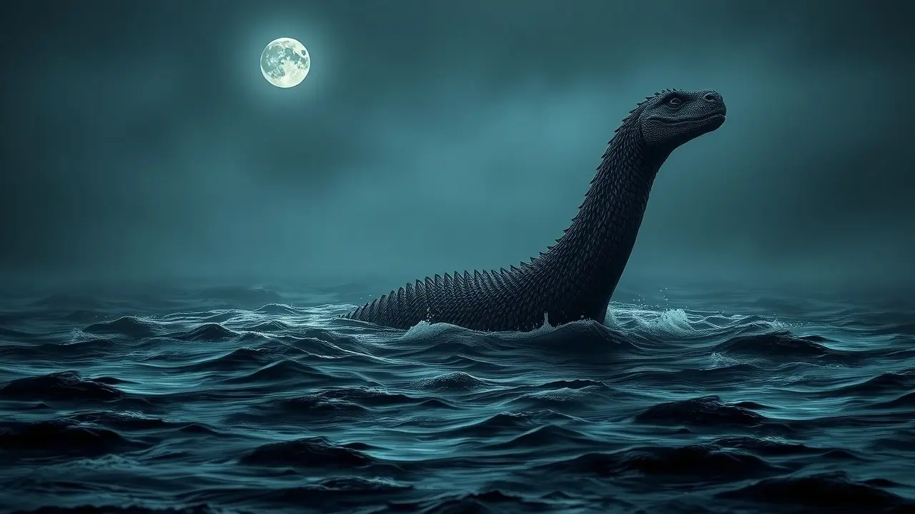 Significado de Sonhar com o Monstro do Lago Ness: Desvende os Mistérios! Monstro do Lago Ness emergindo das águas escuras, noite nebulosa