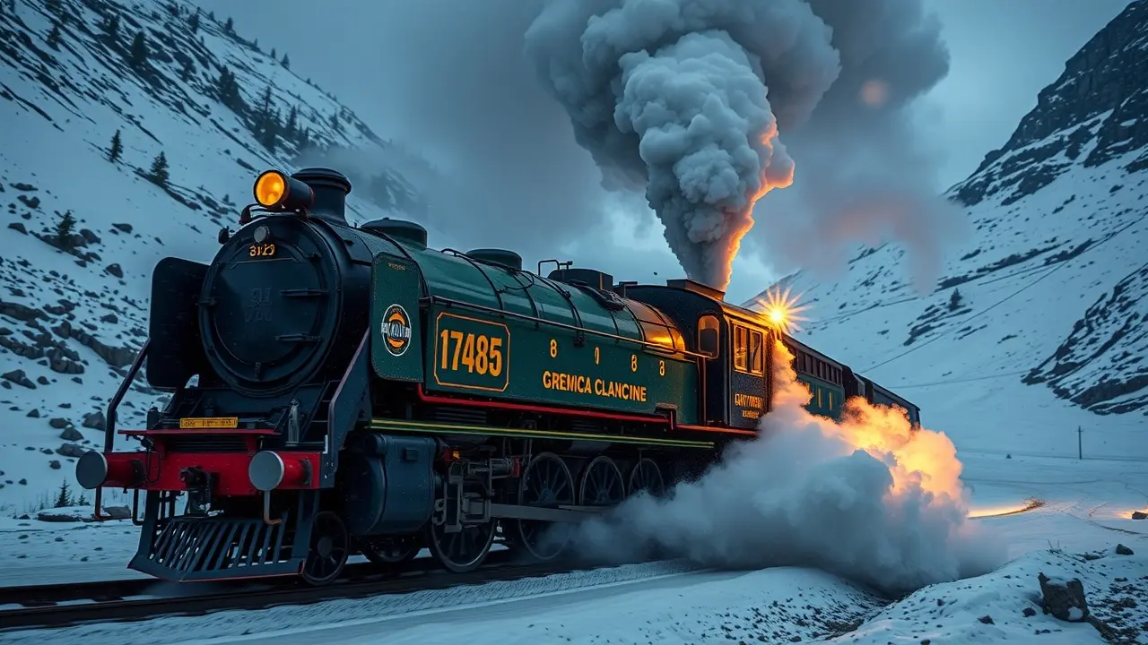 Locomotiva a vapor em alta velocidade na neve