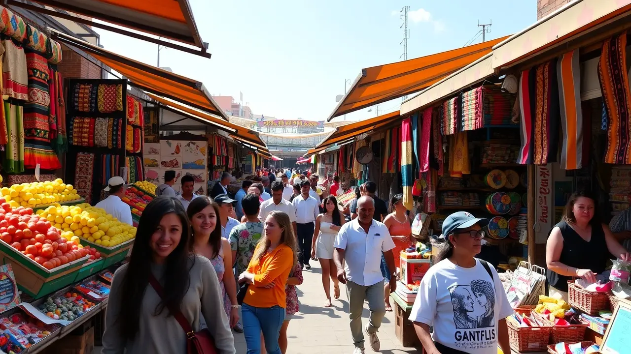 Mercado movimentado com diversas lojas coloridas e alegres.