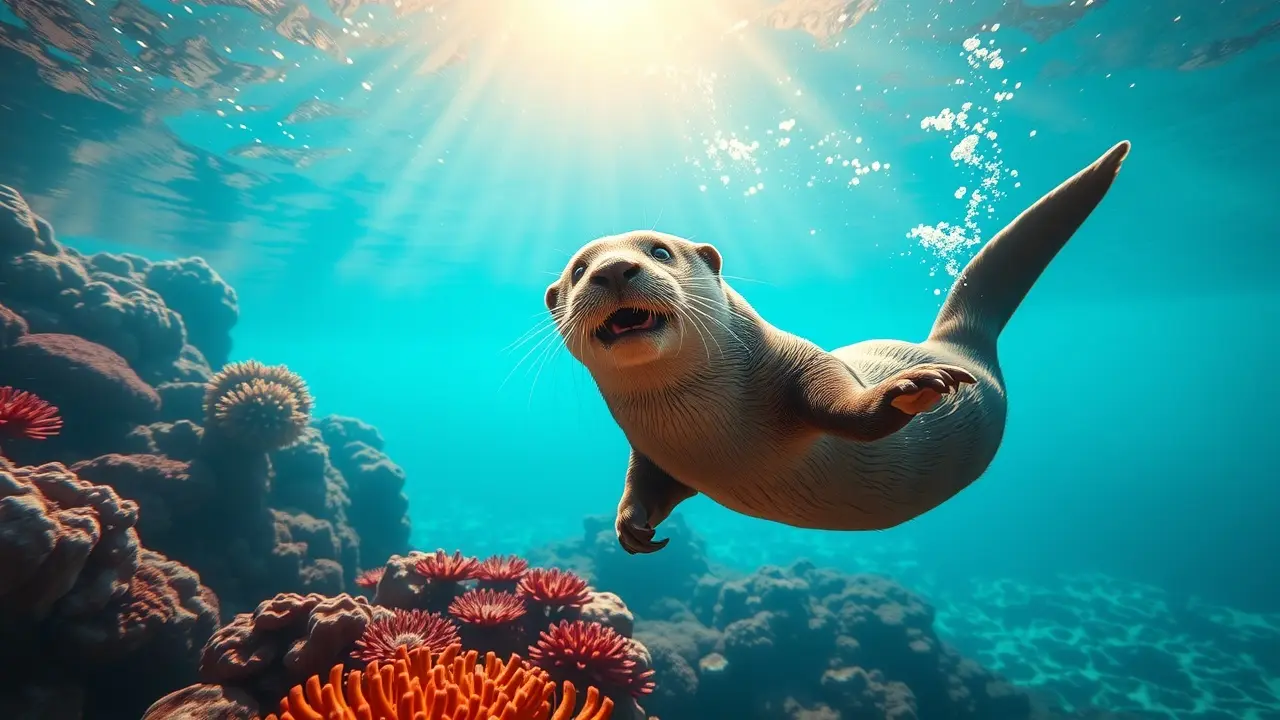 Lontra-marinha nadando alegremente no oceano.