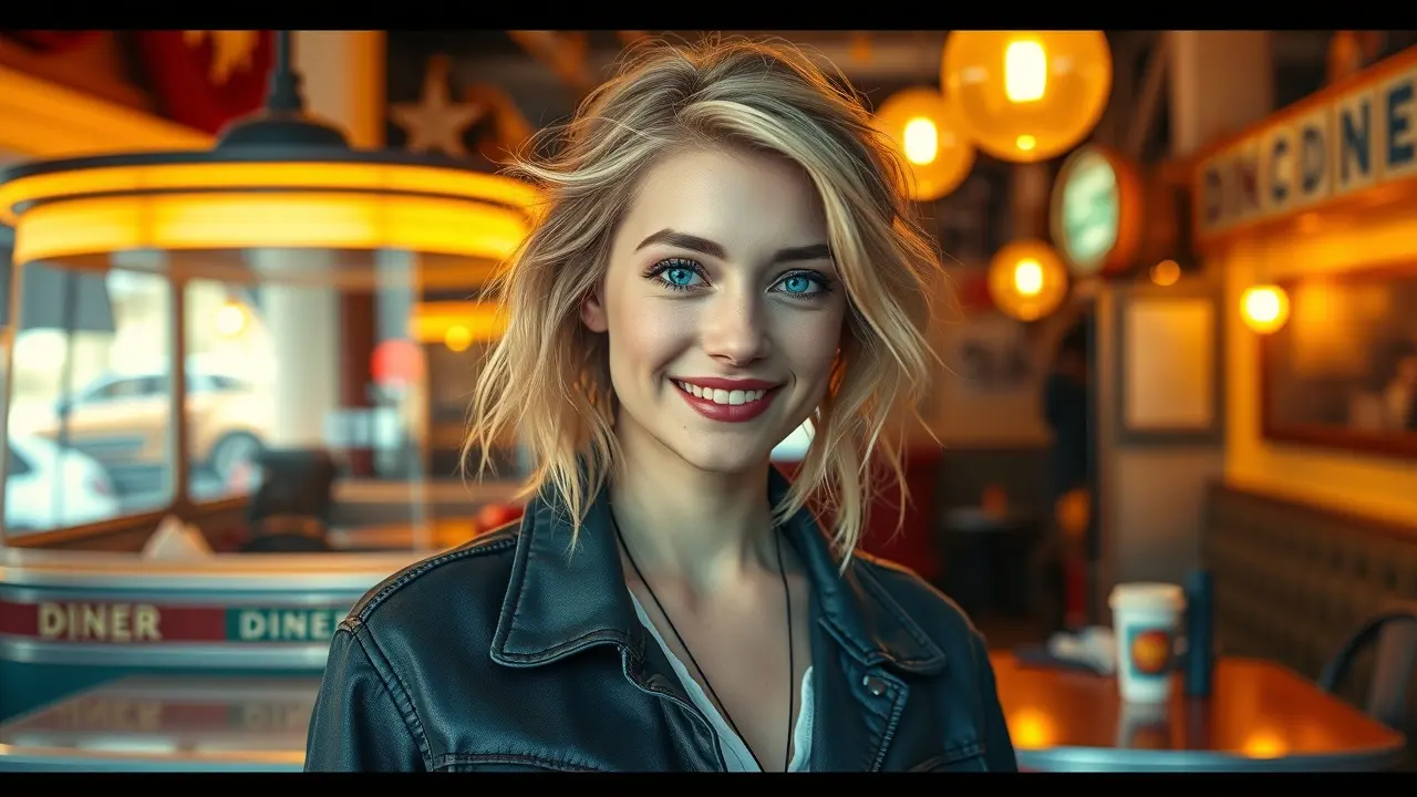 O Significado de Sonhar com Lorelai Gilmore: Desvendando Seus Desejos Ocultos Mulher sorrindo em frente a restaurante aconchegante, representando Lorelai Gilmore.