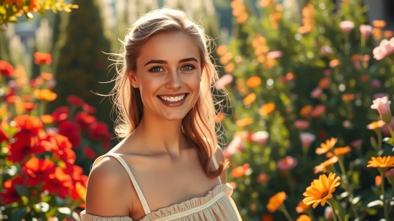 Significado de Sonhar com Loretta: Desvende os Mistérios do Seu Subconsciente Mulher sorrindo em jardim florido