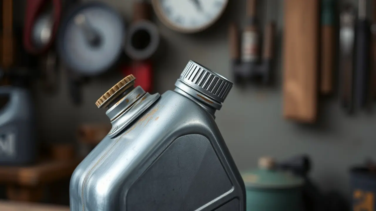 Uma lata de óleo metálica com bico flexível em um ambiente de oficina.