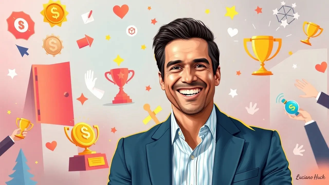 O que significa sonhar com Luciano Huck? Descubra a interpretação! Luciano Huck sorrindo com símbolos de sucesso e oportunidade