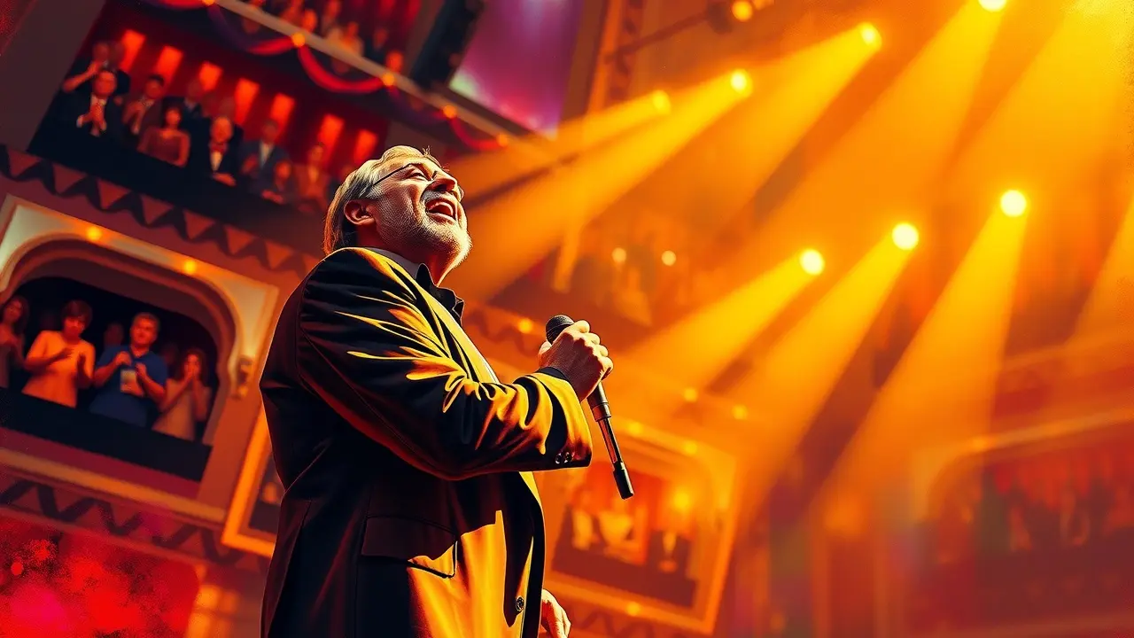 Luciano Pavarotti cantando ópera em um palco.