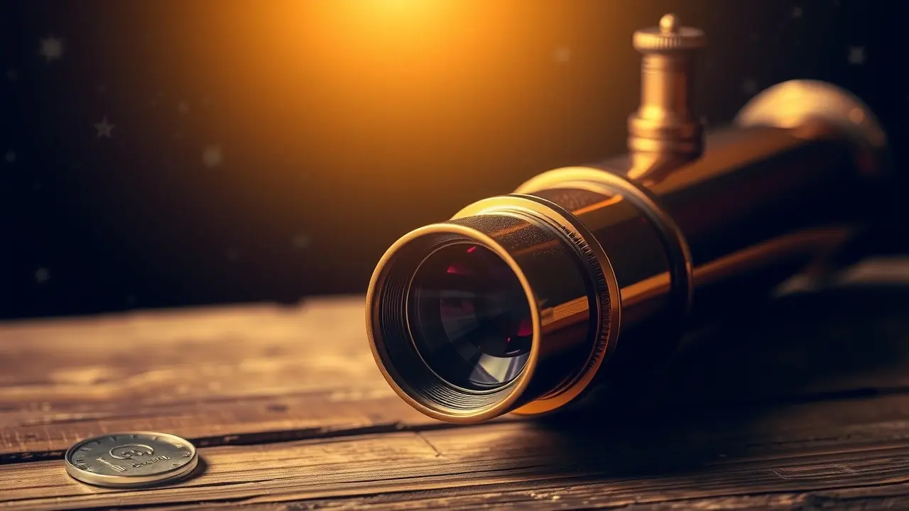 Luneta antiga de latão sobre mesa de madeira.