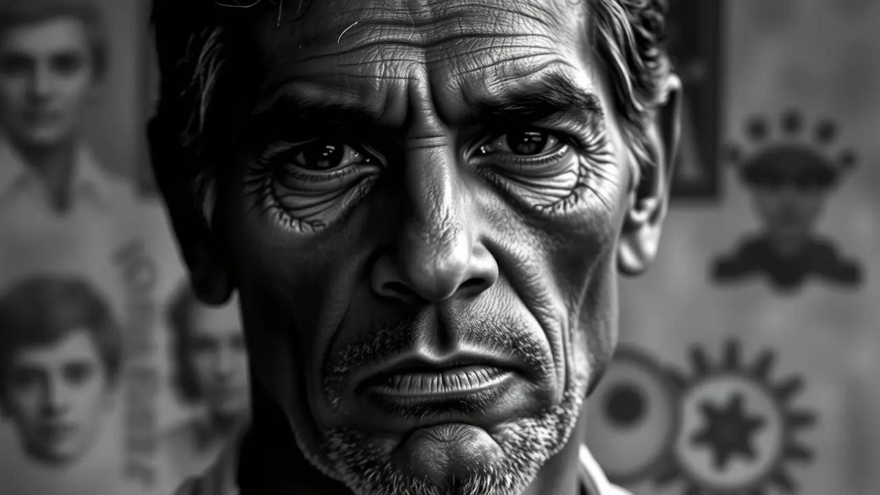 Retrato em preto e branco de Lupicínio Rodrigues, simbolizando emoção e melancolia.