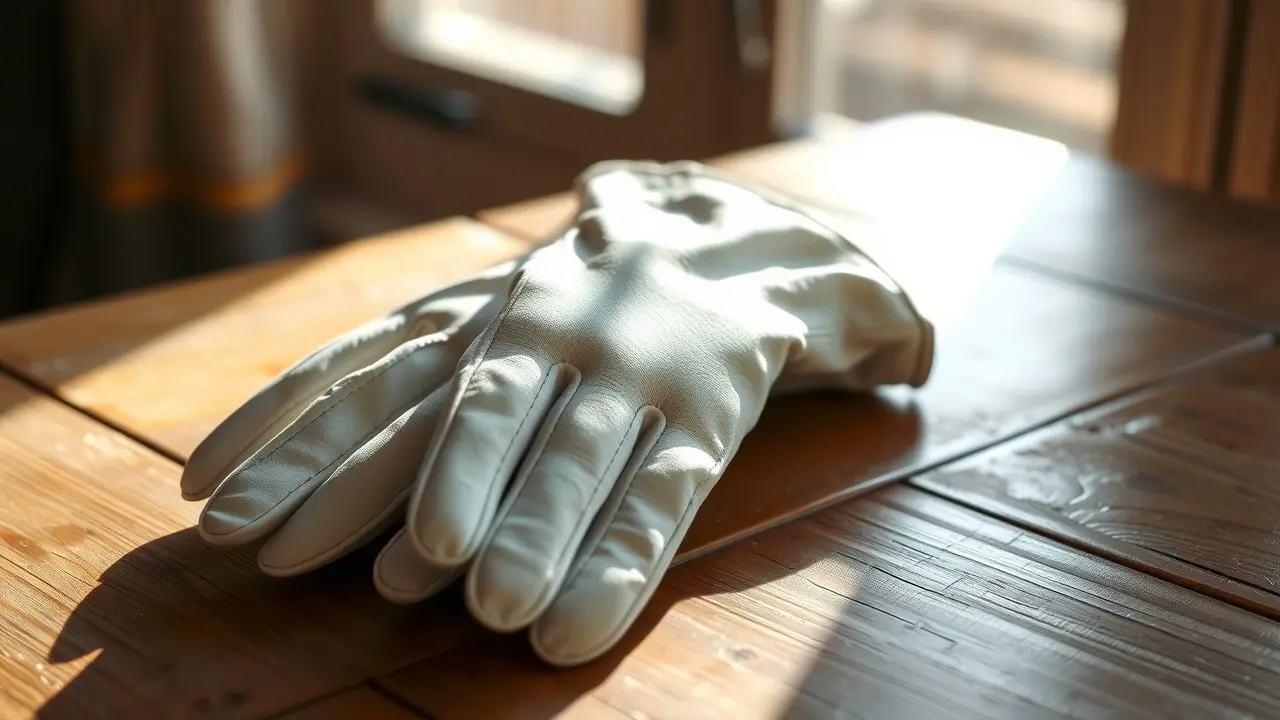 Luvas brancas em uma mesa de madeira