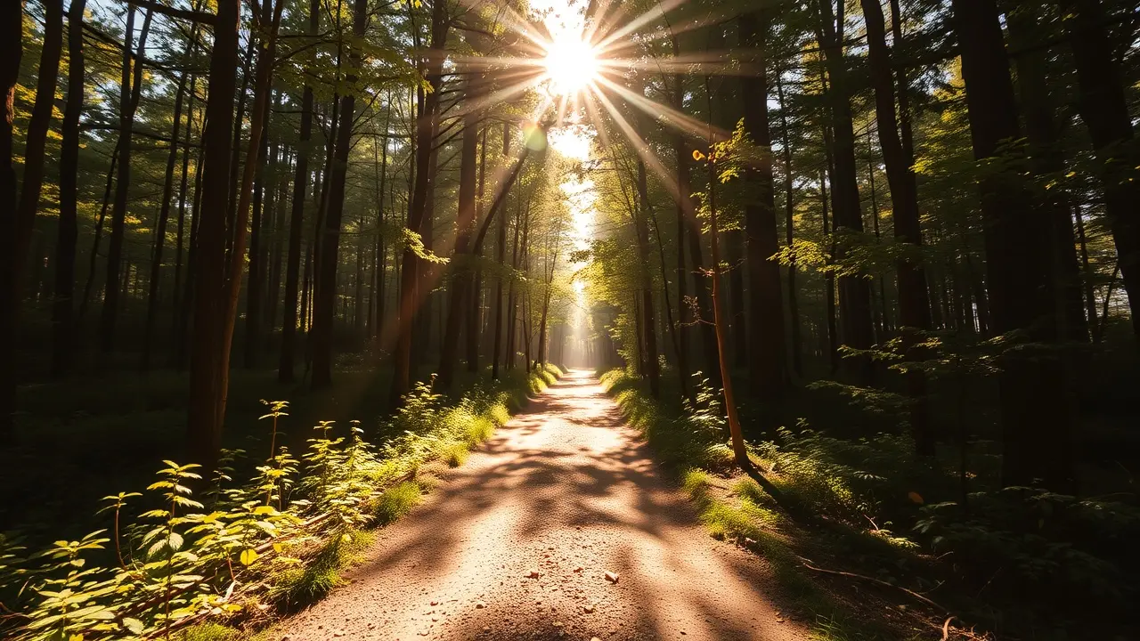 Caminho iluminado em floresta, representando esperança.