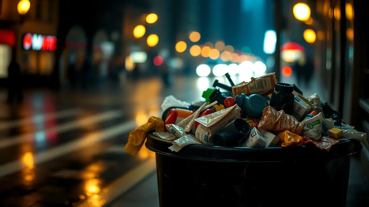Lixeira transbordando em rua escura