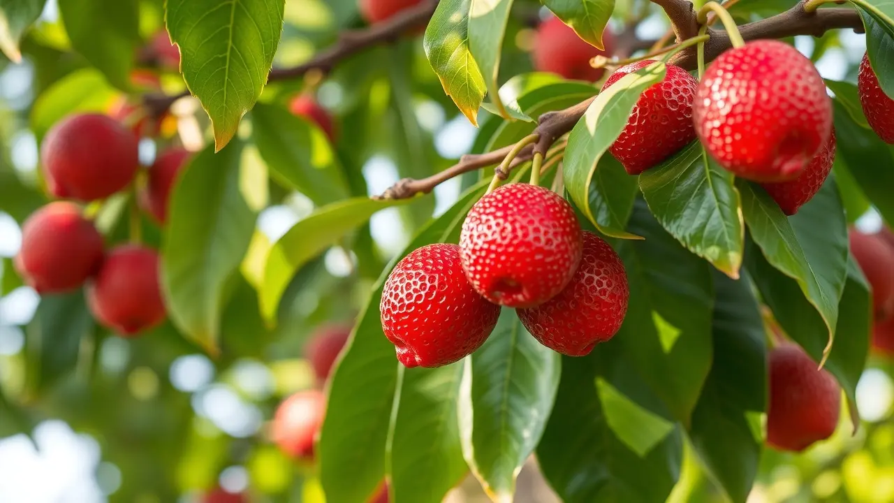 Líchias vermelhas e maduras penduradas em um galho