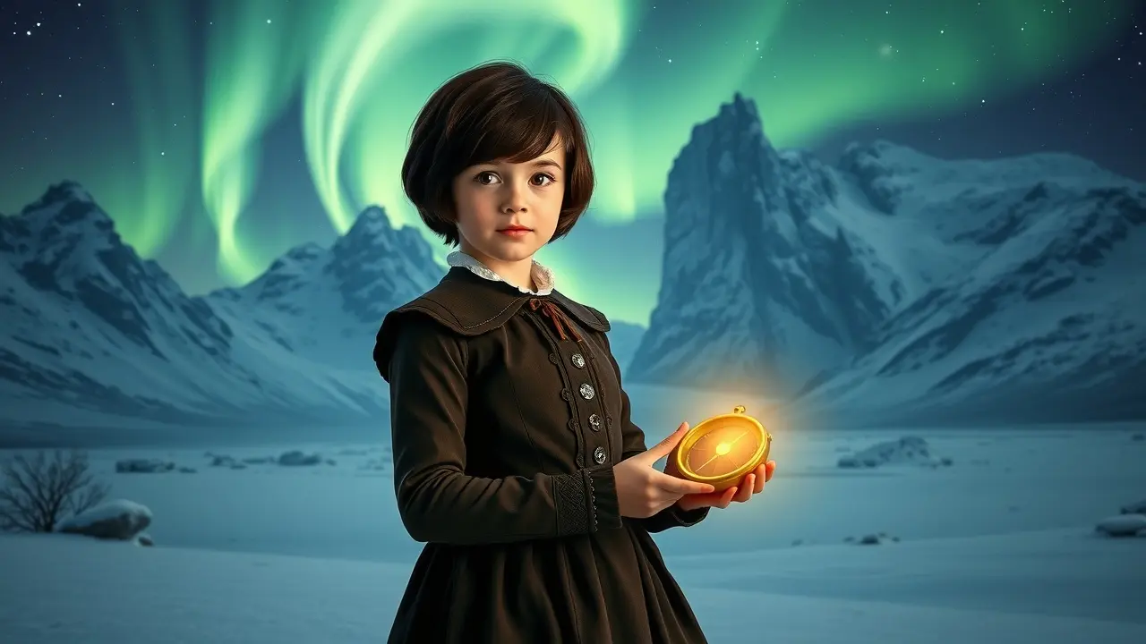 Lyra Belacqua segurando bússola dourada na neve