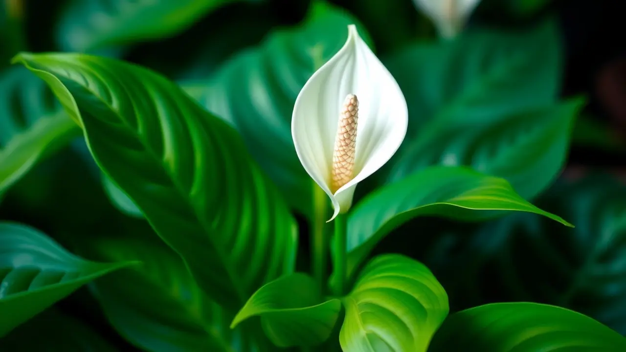 Lírio-da-paz exuberante com flor branca.