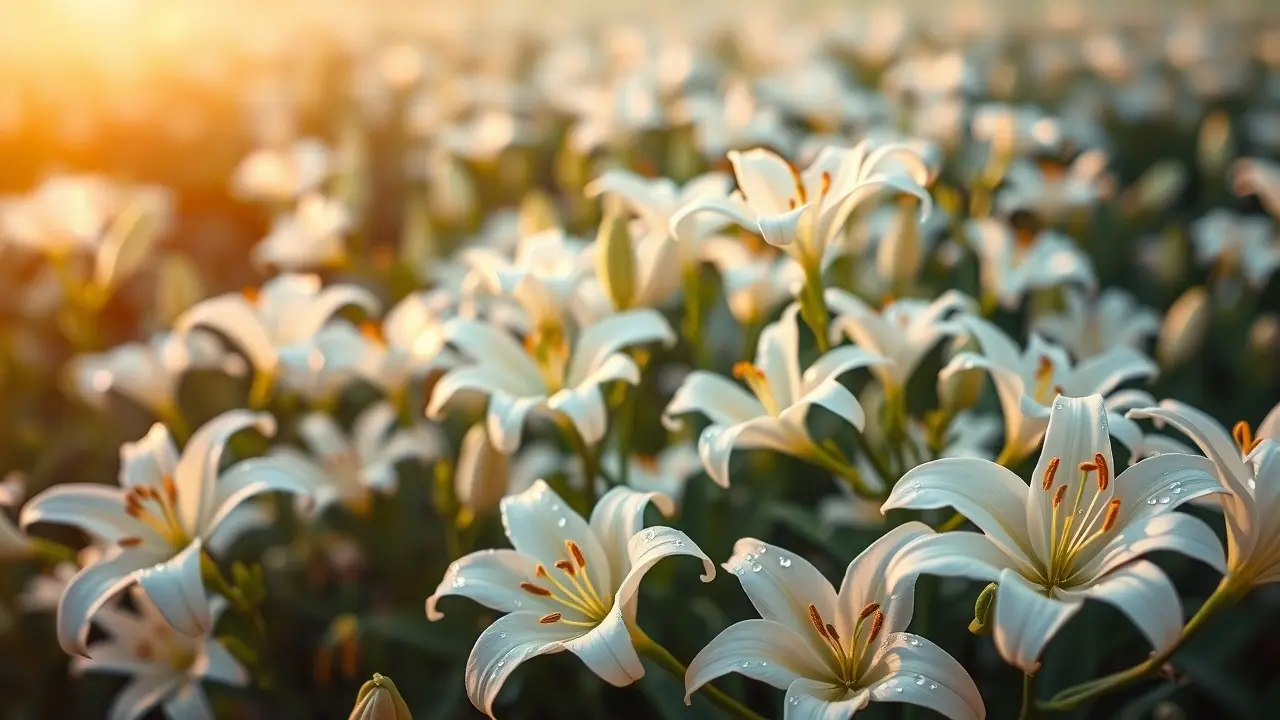 Campo de lírios brancos iluminados pelo sol da manhã
