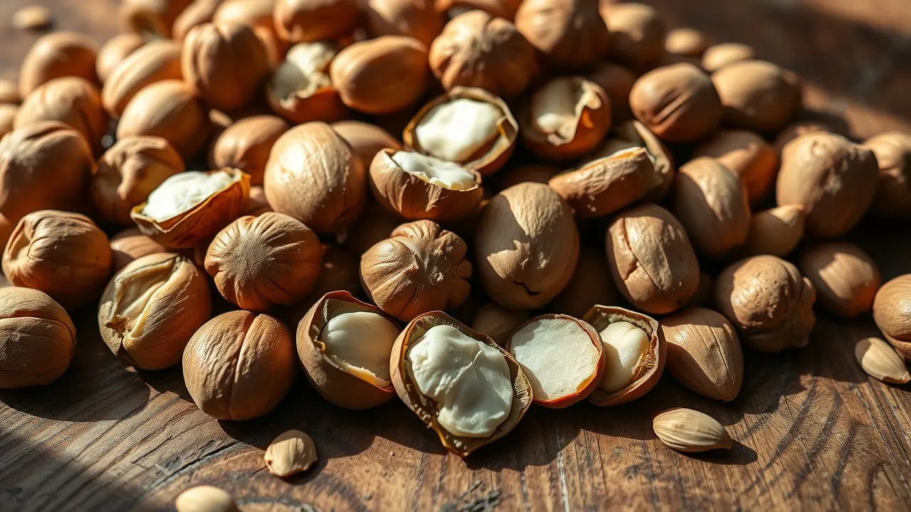 Macadâmias frescas em cima de mesa de madeira