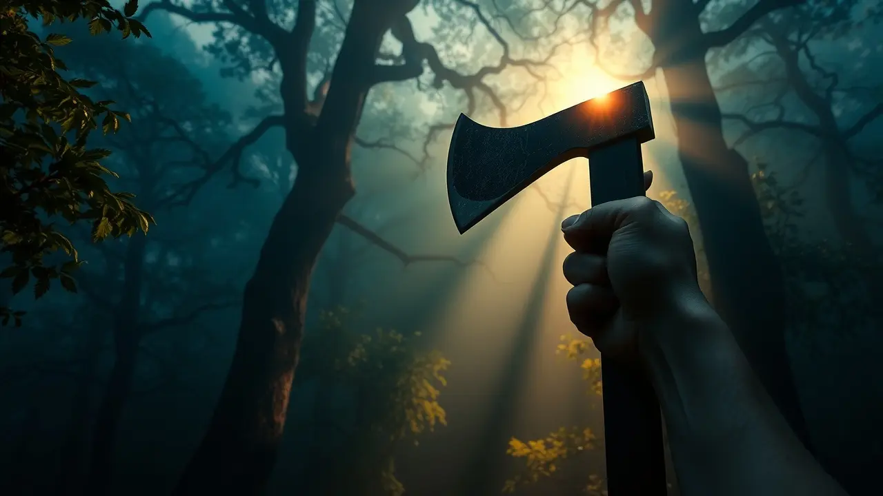 Mão segurando machado cortando nevoeiro na floresta.