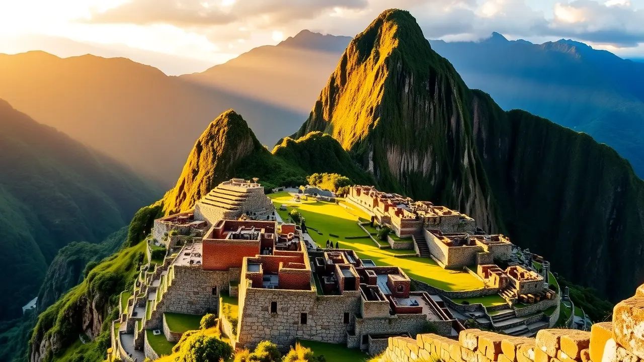 Vista panorâmica de Machu Picchu ao nascer do sol.