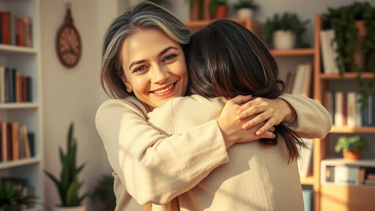 Sonhar com Madrasta: Desvende os Significados e Simbolismos! Mulher abraçando jovem com carinho