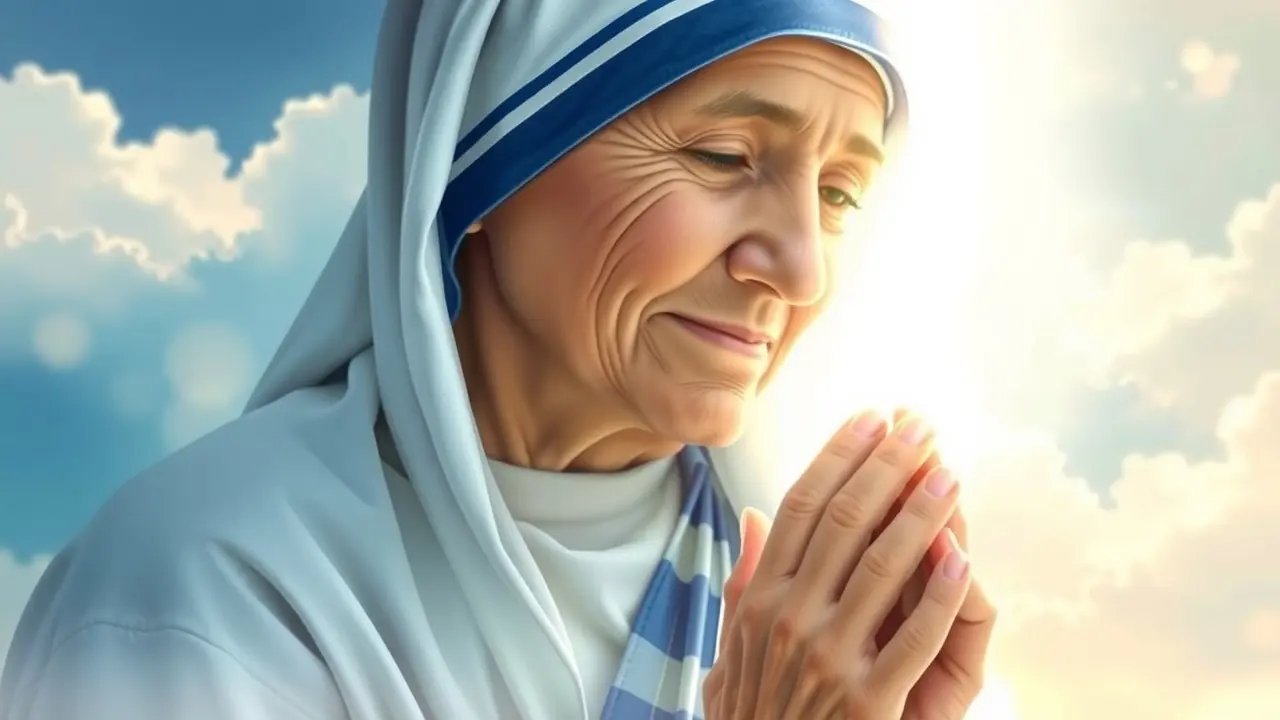 Madre Teresa de Calcutá em sonho, irradiando paz.
