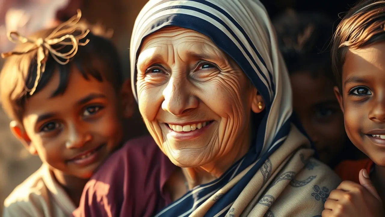 Sonhar com Madre Teresa: Decifre os Sinais de Bondade e Caridade Madre Teresa sorrindo cercada por crianças