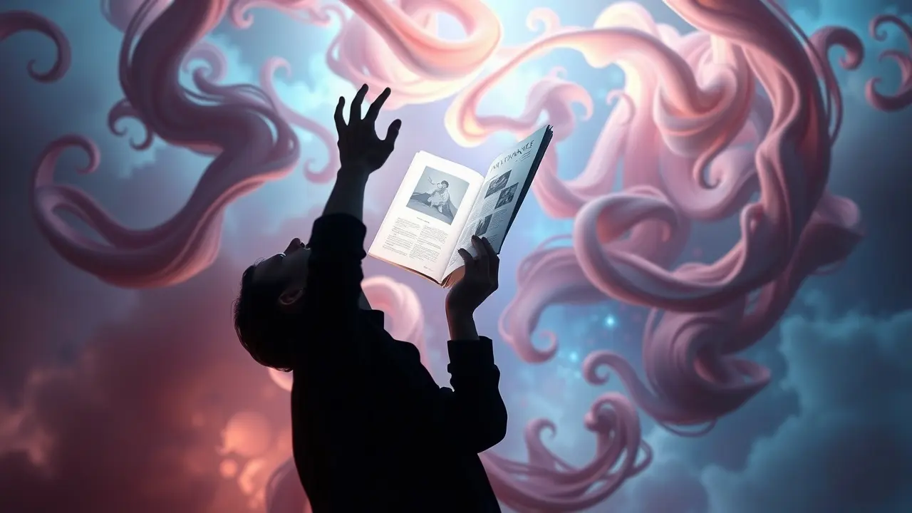 Pessoa alcançando magazine brilhante em sonho surreal