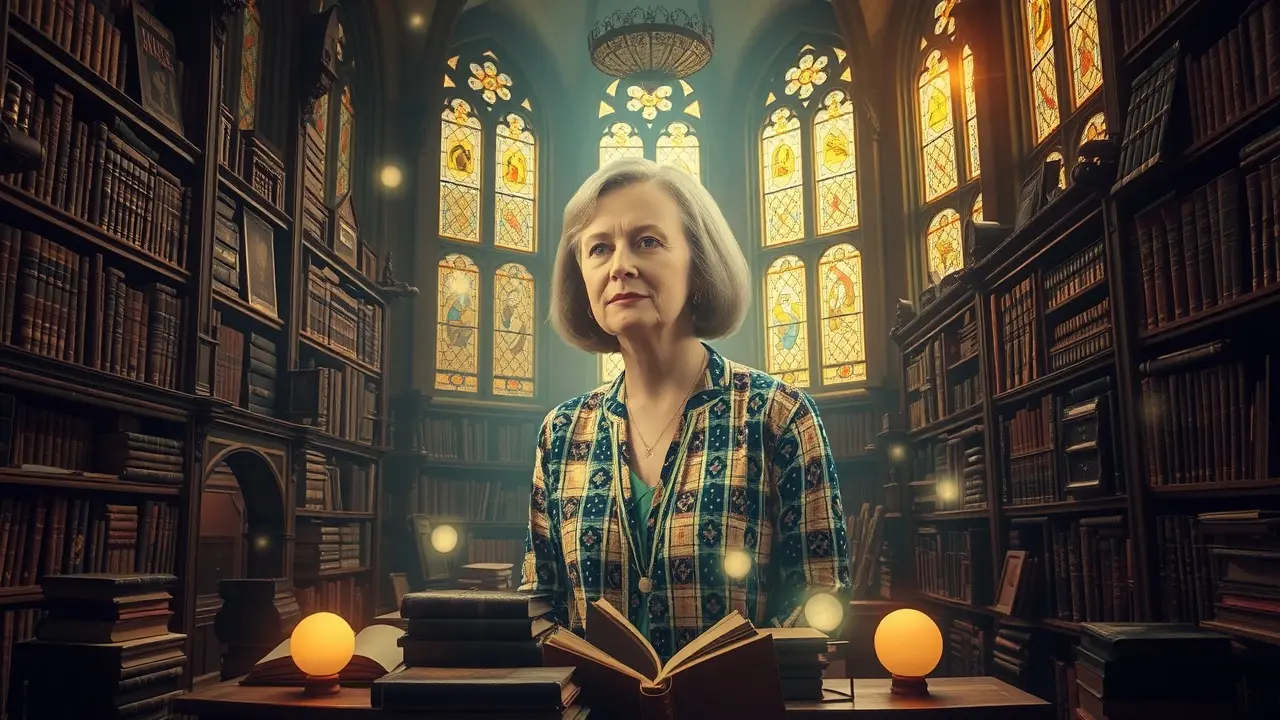 Sonho com Maggie Smith em biblioteca iluminada