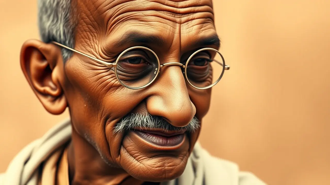 Mahatma Gandhi em close-up com expressão serena