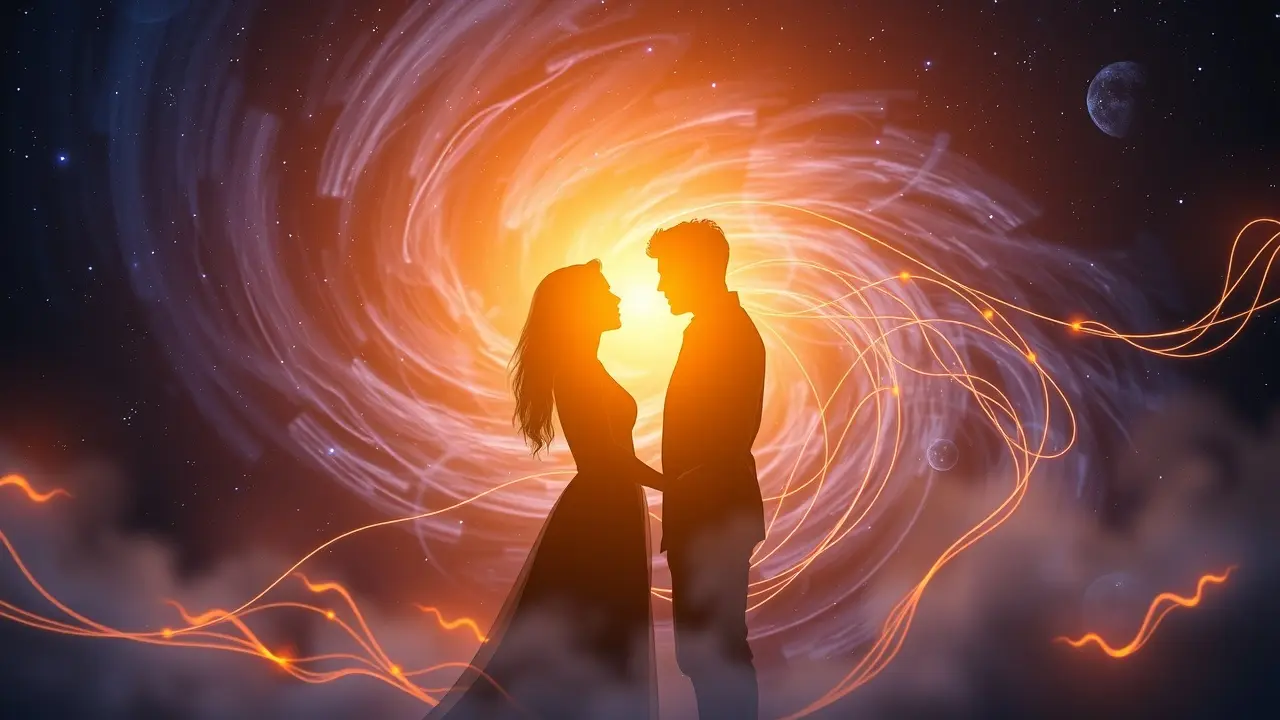 Casal em união tântrica sob luz dourada, céu estrelado.