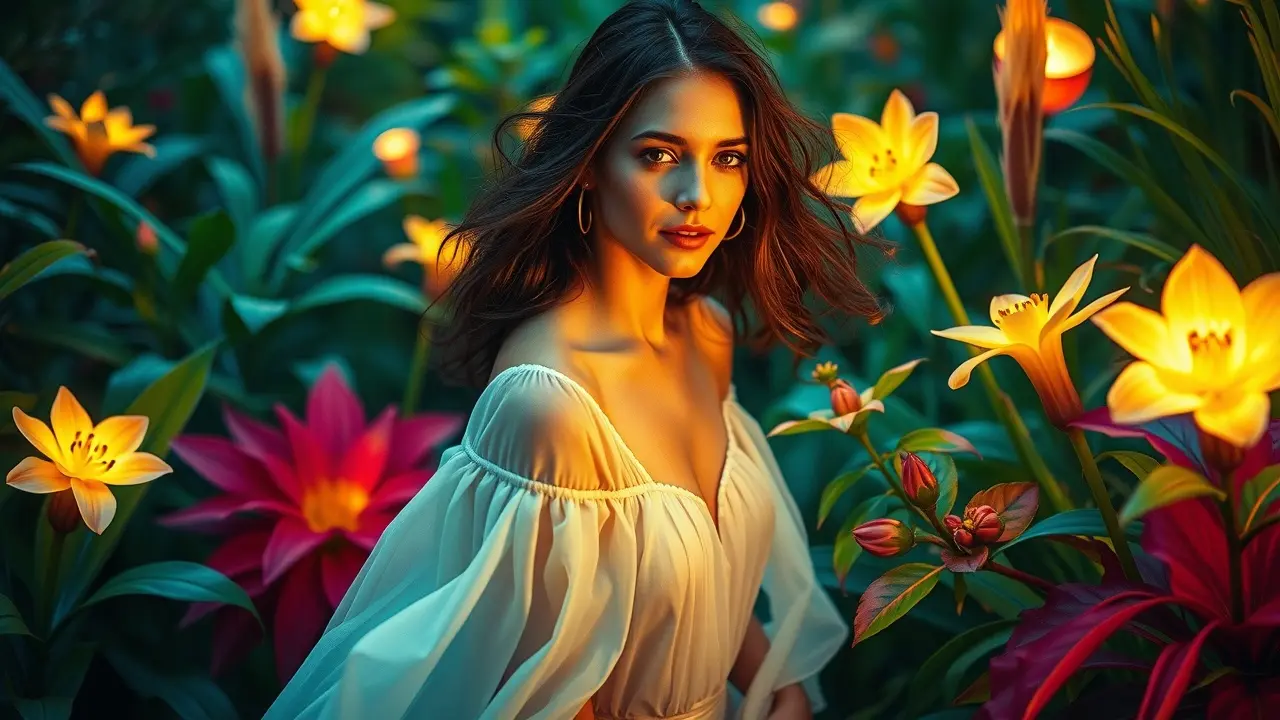 Significado de Sonhar com Maitê Proença: Desvende os Mistérios Mulher elegante em jardim onírico, refletindo beleza e serenidade