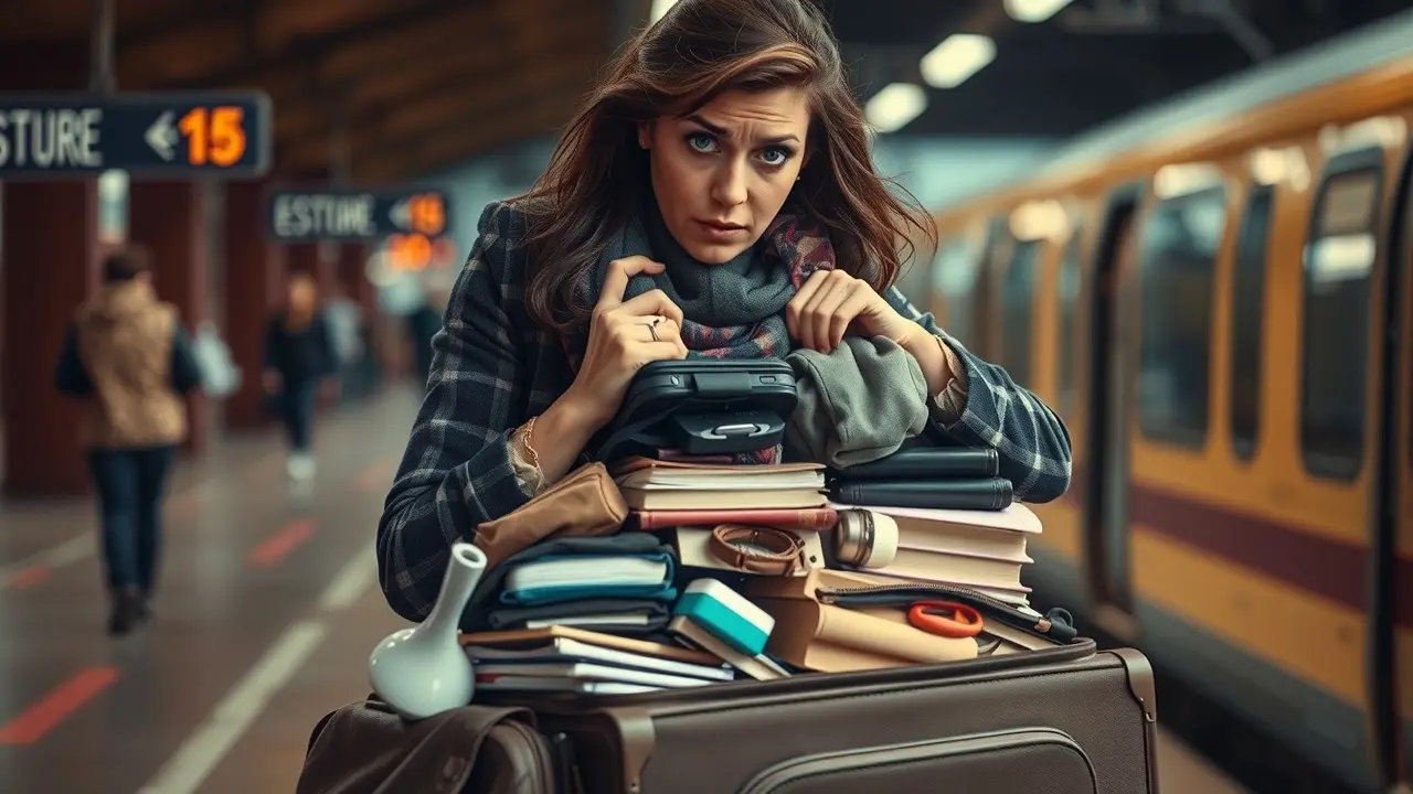 Mulher lutando para fechar mala transbordando, simbolizando responsabilidades excessivas.