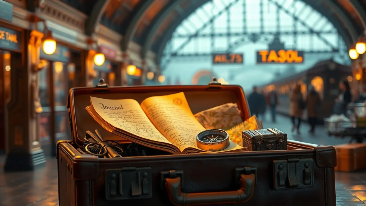 Maleta de couro aberta com itens de viagem