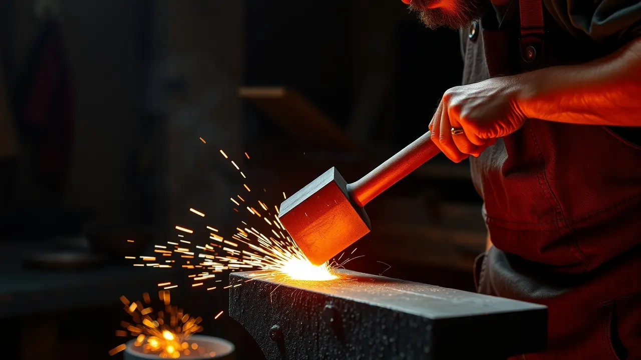 Homem forjando metal com malho