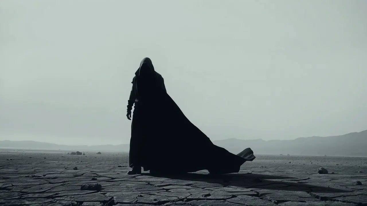 Sonhar com Malvadez: Descubra o Significado Oculto Figura sombria em paisagem desolada, representando sonhar com malvadez