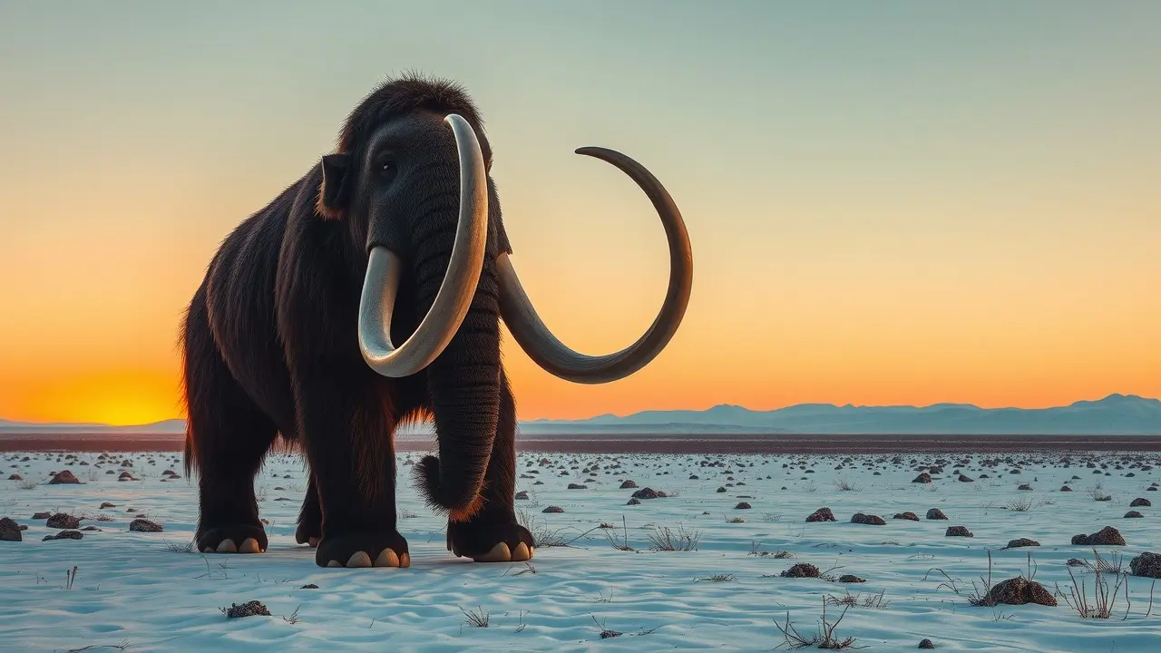 Sonhar com Mamute: Desvende os Significados Ocultos! Mamute na tundra coberta de neve ao pôr do sol