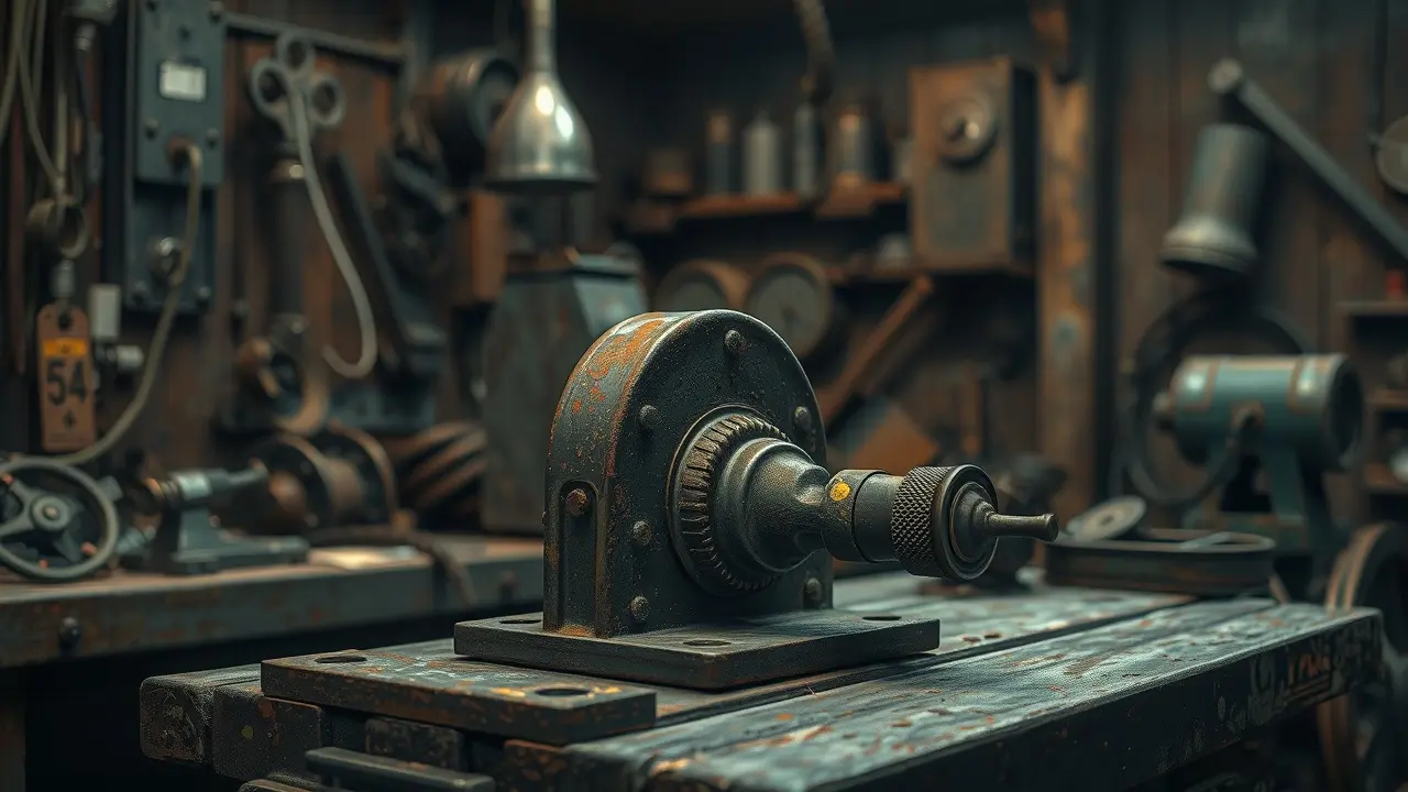 Mancal antigo e enferrujado em oficina.