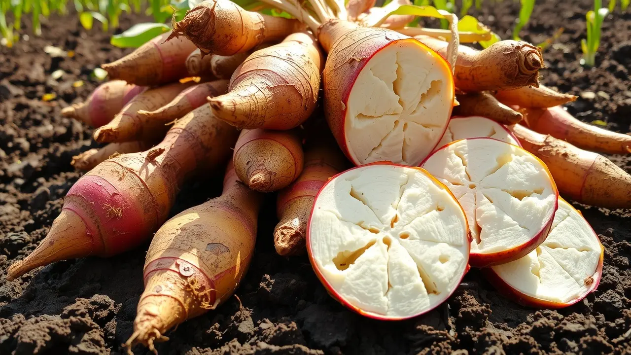 Sonhar com Mandioca: Descubra os Significados e Interpretações! Raízes de mandioca recém-colhidas em solo fértil.