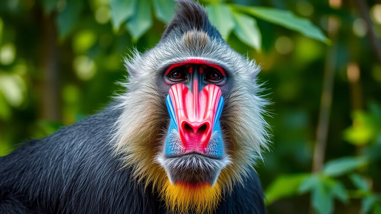 Sonhar com Mandril: Desvende os Significados Ocultos Mandril com cores vibrantes na floresta.